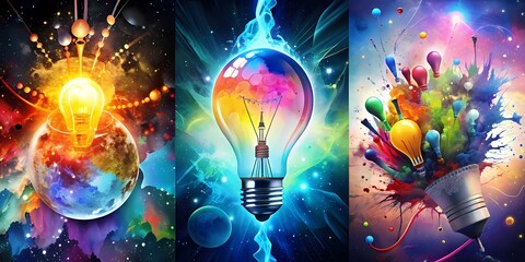 Create an imaginative scene showcasing a burst of creativity, featuring a light bulb amidst colorful paint splatters and abstract designs 
 - obrazy, fototapety, plakaty