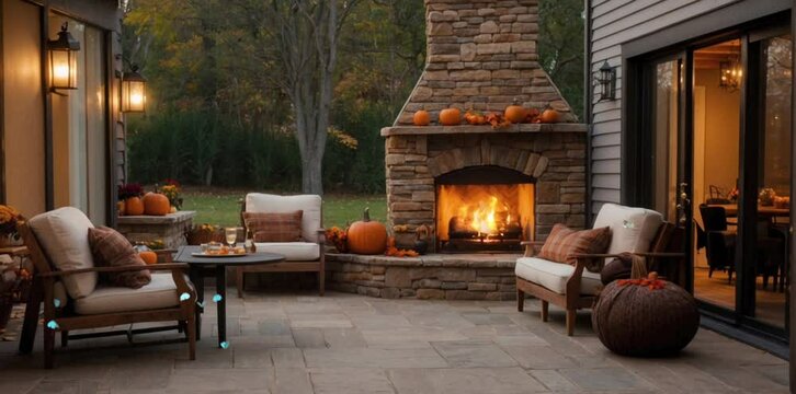 Cozy autumn patio setting with a warm fire place