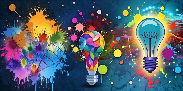 Create an imaginative scene showcasing a burst of creativity, featuring a light bulb amidst colorful paint splatters and abstract designs 
