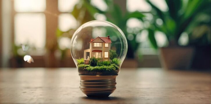 Lighbulb with a plant and house inside with forest background