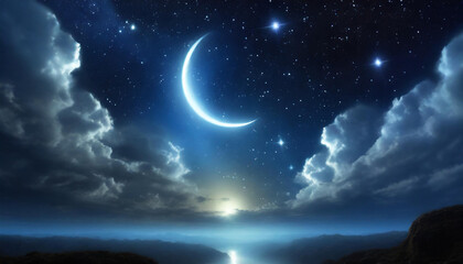 Naklejka na ściany i meble Enchanting background featuring a crescent moon, twinkling stars, and softly glowing clouds