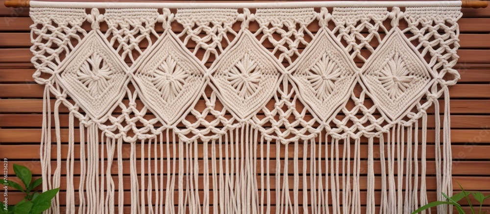 Poster a brown macrame wall hanging is suspended on a wooden wall, creating a beautiful display of intricat