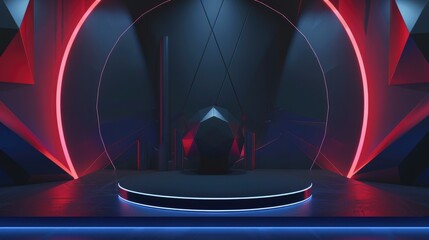 Futuristic stage with neon lights and geometric shapes, ideal for product presentations or virtual events.