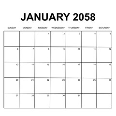 january 2058. monthly calendar design. week starts on sunday. printable, simple, and clean vector design isolated on white background.