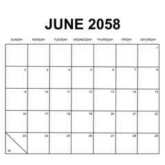 june 2058. monthly calendar design. week starts on sunday. printable, simple, and clean vector design isolated on white background.