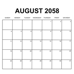 august 2058. monthly calendar design. week starts on sunday. printable, simple, and clean vector design isolated on white background.