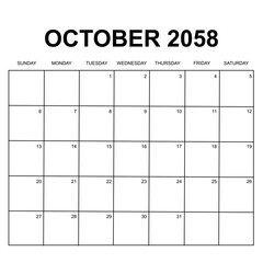 october 2058. monthly calendar design. week starts on sunday. printable, simple, and clean vector design isolated on white background. - obrazy, fototapety, plakaty