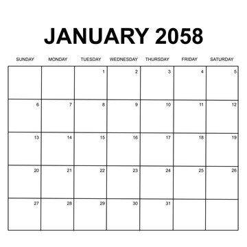 january 2058. monthly calendar design. week starts on sunday. printable, simple, and clean vector design isolated on white background.