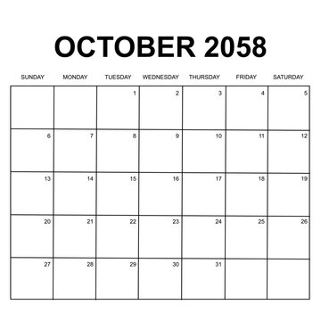 october 2058. monthly calendar design. week starts on sunday. printable, simple, and clean vector design isolated on white background.