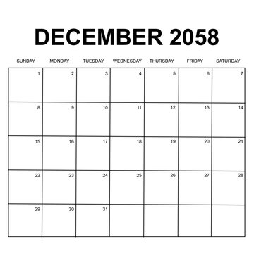 december 2058. monthly calendar design. week starts on sunday. printable, simple, and clean vector design isolated on white background.