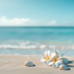 Fototapeta na wymiar Beach with frangipani flowers and seashells on the sand