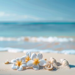 Fototapeta na wymiar Beach with frangipani flowers and seashells on the sand