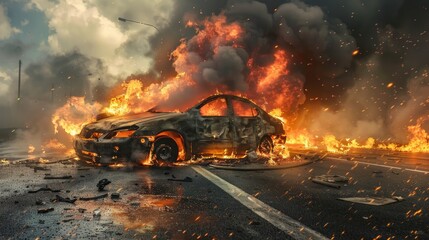 burn car on street by accident - obrazy, fototapety, plakaty