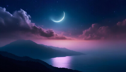 Crescents and stars with glowing clouds in a magical night sky