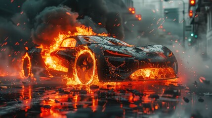 burning futuristic ev car on street by accident