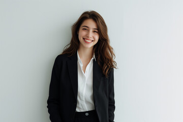 a woman in a black suit and white shirt