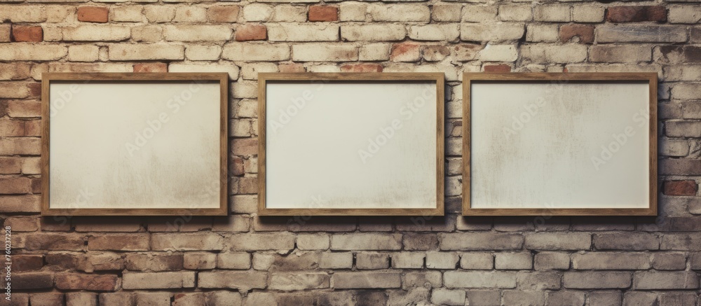 Poster three rectangular frames hang empty on a brick facade wall, adding contrast to the pattern of brickw