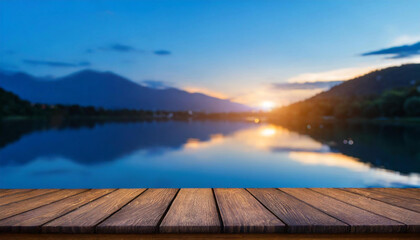 Obraz premium Wooden table with a beautiful scenic view background