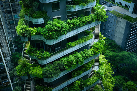 Eco-architecture, futuristic city landscape with a lot of trees