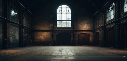 Spacious empty industrial loft with large windows and sunlight casting shadows on the wooden floor, evoking a moody atmosphere. - obrazy, fototapety, plakaty