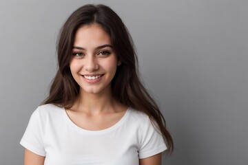 Fototapeta premium Young Brazilian woman in a white shirt, smiling and looking at the camera, standing on a grey background with copy space.