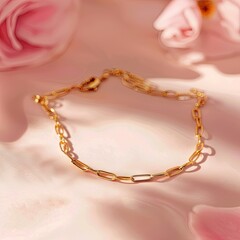 A delicate gold chain bracelet placed against a subtle blush pink background