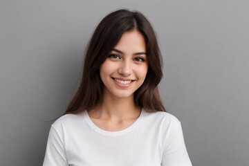 Obraz premium Young Brazilian woman in a white shirt, smiling and looking at the camera, standing on a grey background with copy space.