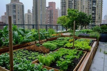 Fototapeta premium An urban rooftop garden with a variety of vegetables and herbs promoting local food