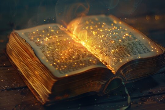 An open book with words glowing inviting the reader into a world of knowledge and discovery