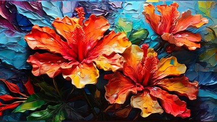 Oil painting of tropical hibiscus flowers illustration.