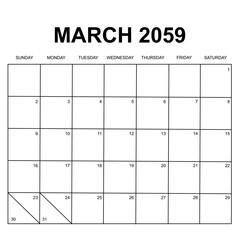 march 2059. monthly calendar design. week starts on sunday. printable, simple, and clean vector design isolated on white background.