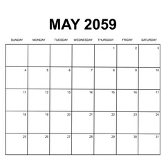 may 2059. monthly calendar design. week starts on sunday. printable, simple, and clean vector design isolated on white background.