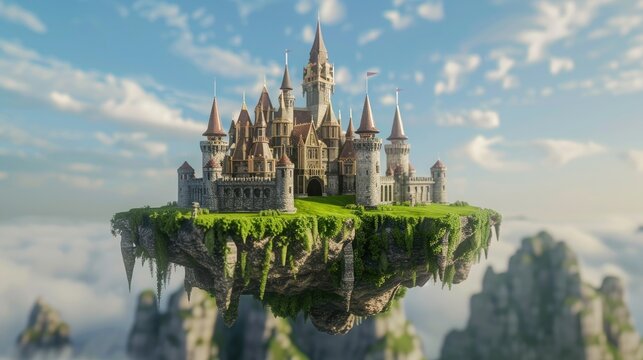 floating castle or palace on island on sky, amazing building for wallpaper 