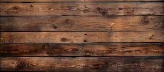 A closeup shot showcasing a beautiful brown hardwood plank wall, with a blurred background. The wood stain highlights the intricate pattern of the wooden rectangles - obrazy, fototapety, plakaty