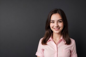 Fototapeta premium Stylish young woman wearing a pink office shirt, smiling and looking at the camera, standing on a dark grey background with copy space.