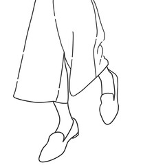 A line drawing of the lower body of a fashionable woman wearing wide pants and loafers walking lightly.
