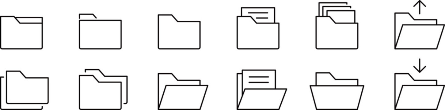 モノクロのフォルダの線画アイコンセット