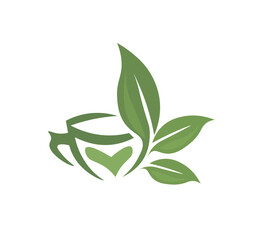 Sketch of green tea cup, icon. Stylized cup of tea.  Green tea cup.  Stylized tea icons. Green leaf vector icon for vegan, bio eco design