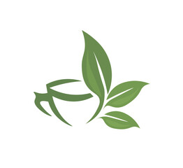 Abstract logo design template. Green tea symbol, natural herbal drink. Vector negative space icon. Concept for bar menu, tea shop, cafe, organic product.