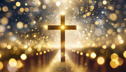 Glowing Cross with Sparkling Bokeh Background - obrazy, fototapety, plakaty