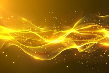 Smooth horizontal yellow wave neon light line and particle background. Tech banner design.
