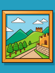 Fototapeta na wymiar Beautiful wall art vector landscape background with mountains, trees, and a river.