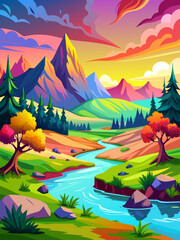 Watercolor vector landscape background featuring a serene mountain range and tranquil lake.