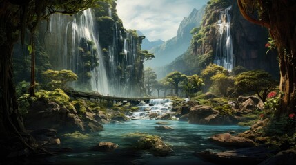 waterfall in nature painting art picture for wallpaper - obrazy, fototapety, plakaty