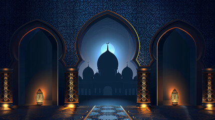 Digital artwork of an ornate mosque interior archway with illuminated lanterns, embodying Islamic architecture and Ramadan spirit.