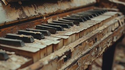 Fototapeta na wymiar In its weathered state, the piano's keys worn by countless melodies reflect the soulful beauty of imperfect notes, resonating with a timeless musical essence