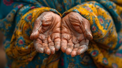 Lined with stories and experiences, weathered hands in a close-up reveal warmth and humanity. - obrazy, fototapety, plakaty