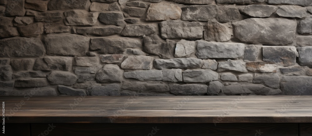 Poster a rectangular wooden table is placed in front of a sturdy stone wall, creating a contrast between th