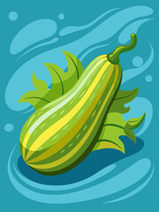 A green zucchini rests on a wet background with water droplets.