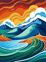 Vivid vector waves crashing against a serene shoreline in a vibrant landscape.